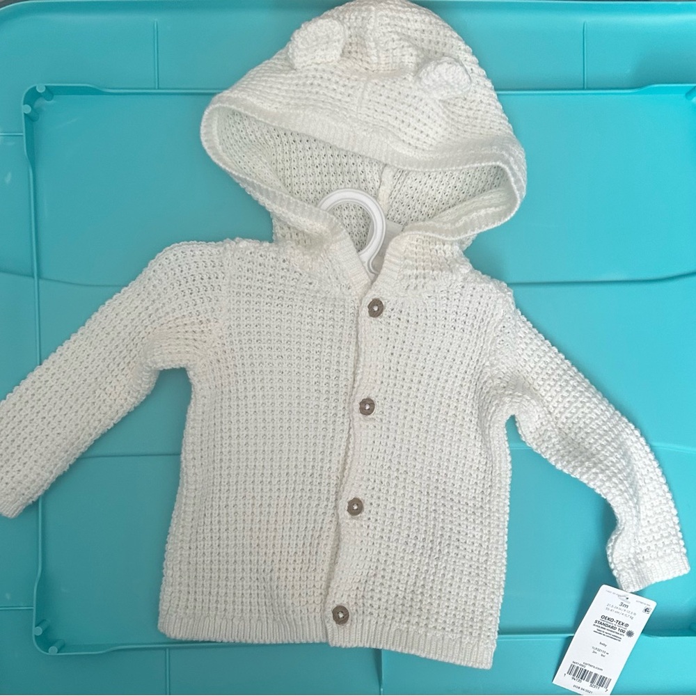 Carter's Baby White Knit Sweater with Bear Ears 3 month Button Up Jacket